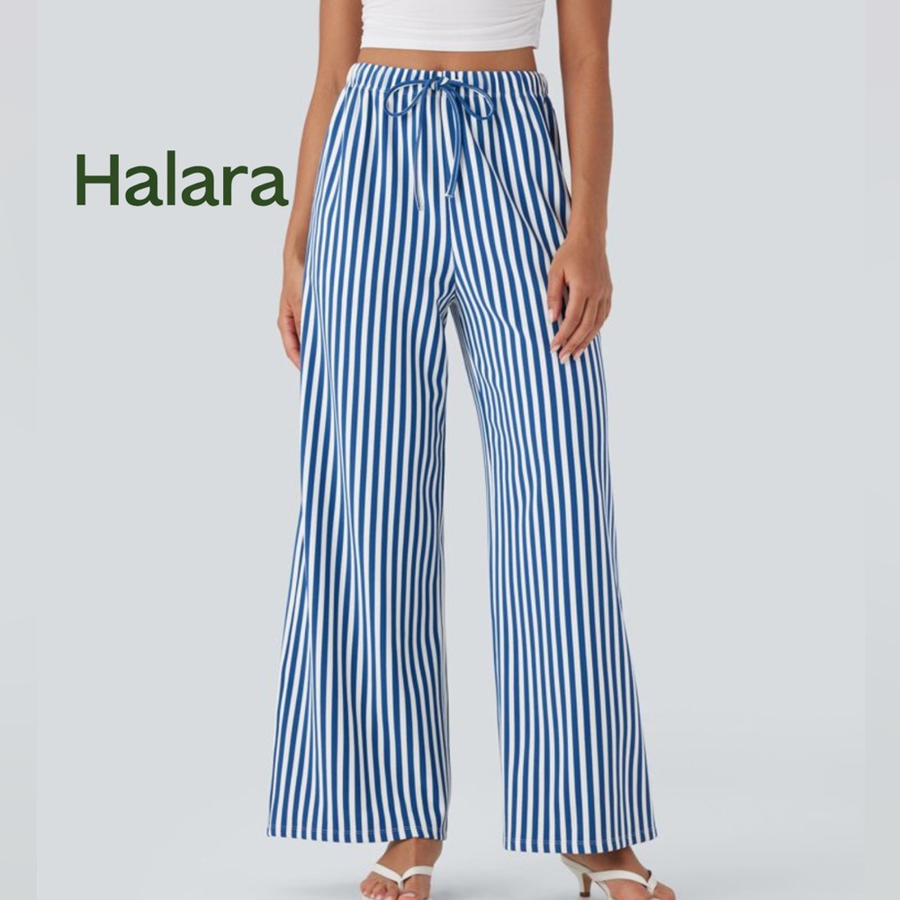 NWT High Waisted Drawstring Stripe Waffle Wide Leg Pants with Pockets